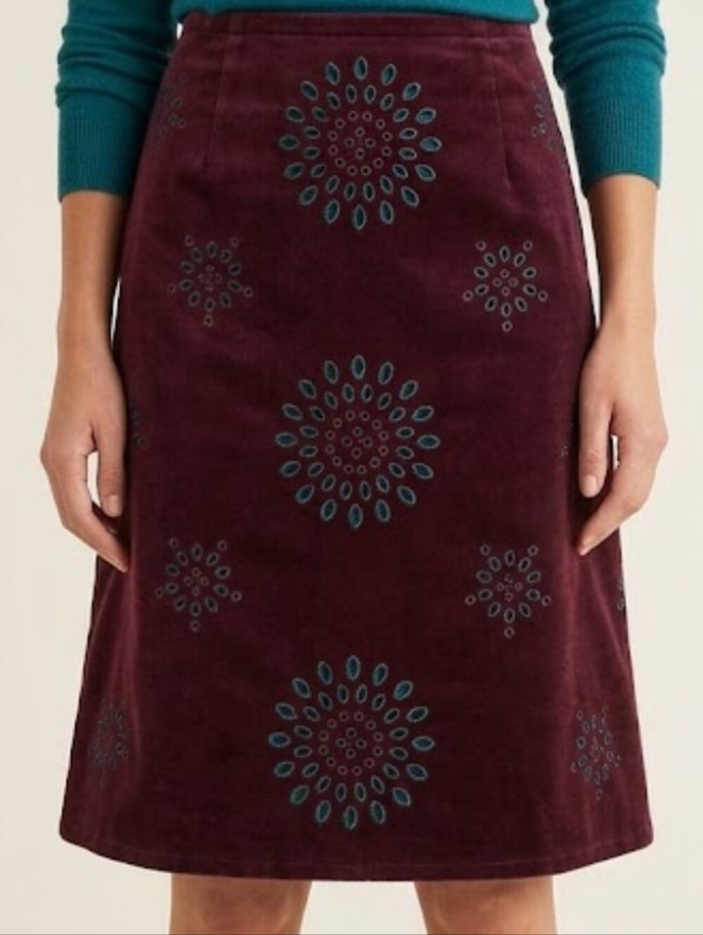 Boden Burgundy‎ Wine A-line Knee-Length Cut Out Teal Skirt Velvet Size 10R